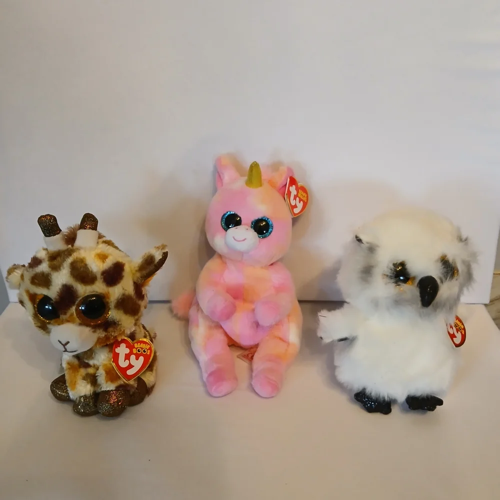 Ty Beanie Babies Pink Unicorn, Spotted Giraffe, and Fluffy Owl Trio